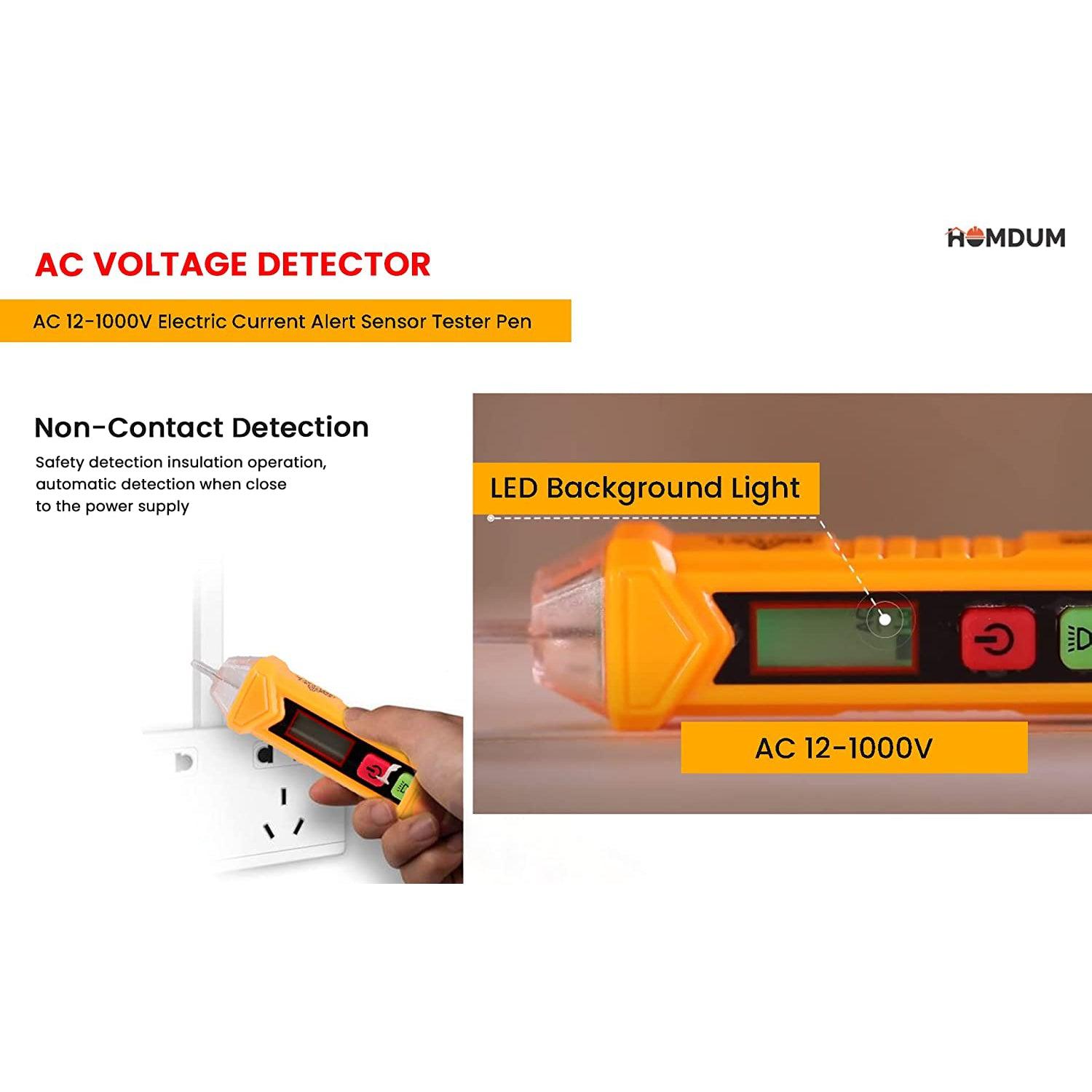 Homdum Non Contact AC Voltage Power Detector INGCO AC 12-1000V Electric Current Alert Sensor Tester Pen with LED Light and Sound Alarm mode compact pocket battery Live Line neutral line Multimeter