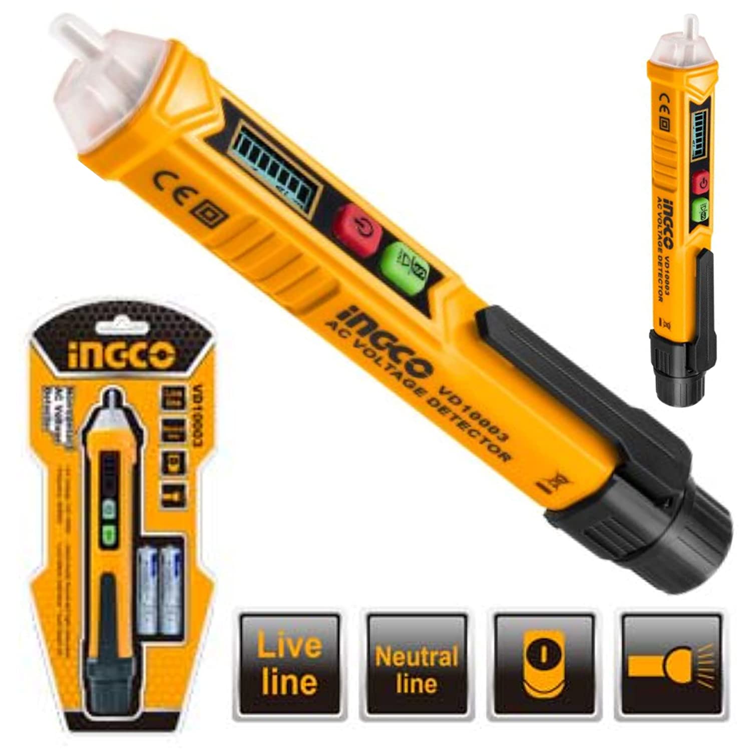 Homdum Non Contact AC Voltage Power Detector INGCO AC 12-1000V Electric Current Alert Sensor Tester Pen with LED Light and Sound Alarm mode compact pocket battery Live Line neutral line Multimeter
