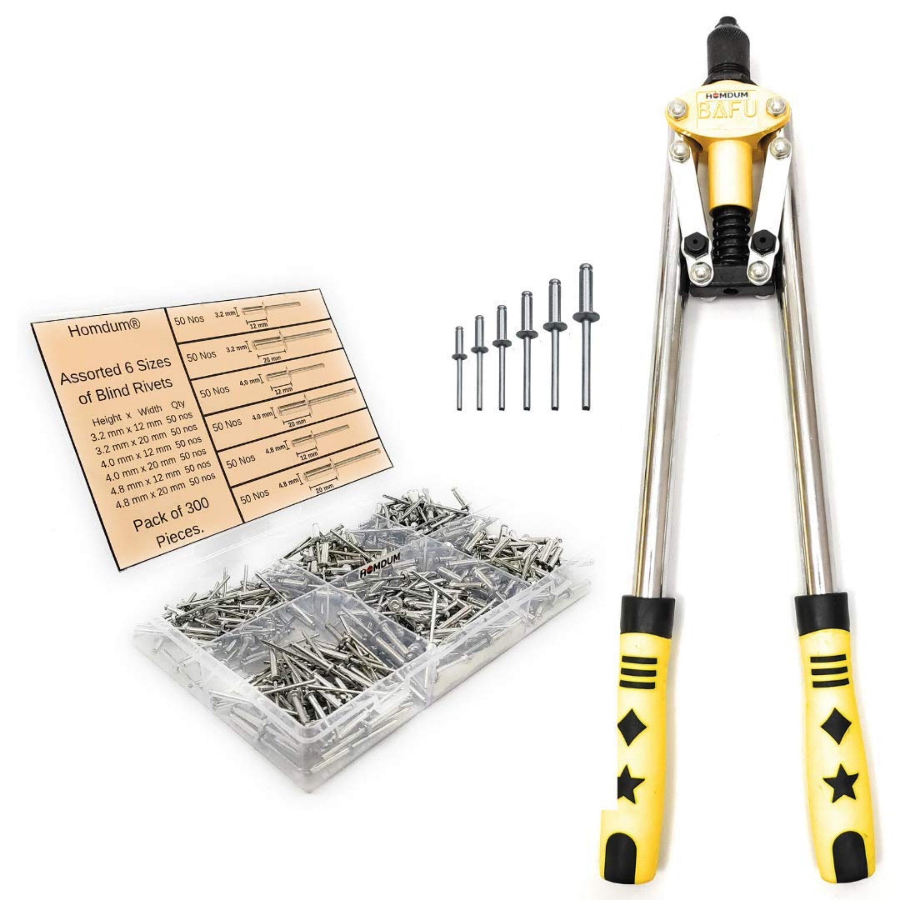 Homdum Non Slip 17" Double Handle Rivet Gun With Pop Rivets, Hand Pull Riveter Nail Gun and 300 nos of Assorted Blind Rivet