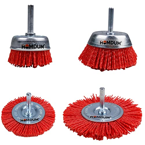 Homdum INGCO Red Nylon Fiber Brush Cup Brush 50 mm and 75m, Flat 75mm and 100mm Diameter ¼” Shaft 4500rpm Drill bits Cleaning Brush Polishing Brush Derusting disc Brush 4Pc combo