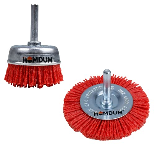 Homdum INGCO Red Nylon Fiber Brush Cup Brush 50mm and Flat 75mm Diameter ¼” Shaft 4500rpm Drill bits Cleaning Brush Polishing Brush Derusting disc Brush 2 Pc combo