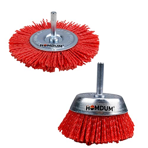 Homdum INGCO Red Nylon Fiber Brush Cup Brush 75mm and Flat 100mm Diameter ¼” Shaft 4500rpm Drill bits Cleaning Brush Polishing Brush Derusting disc Brush 2Pc combo