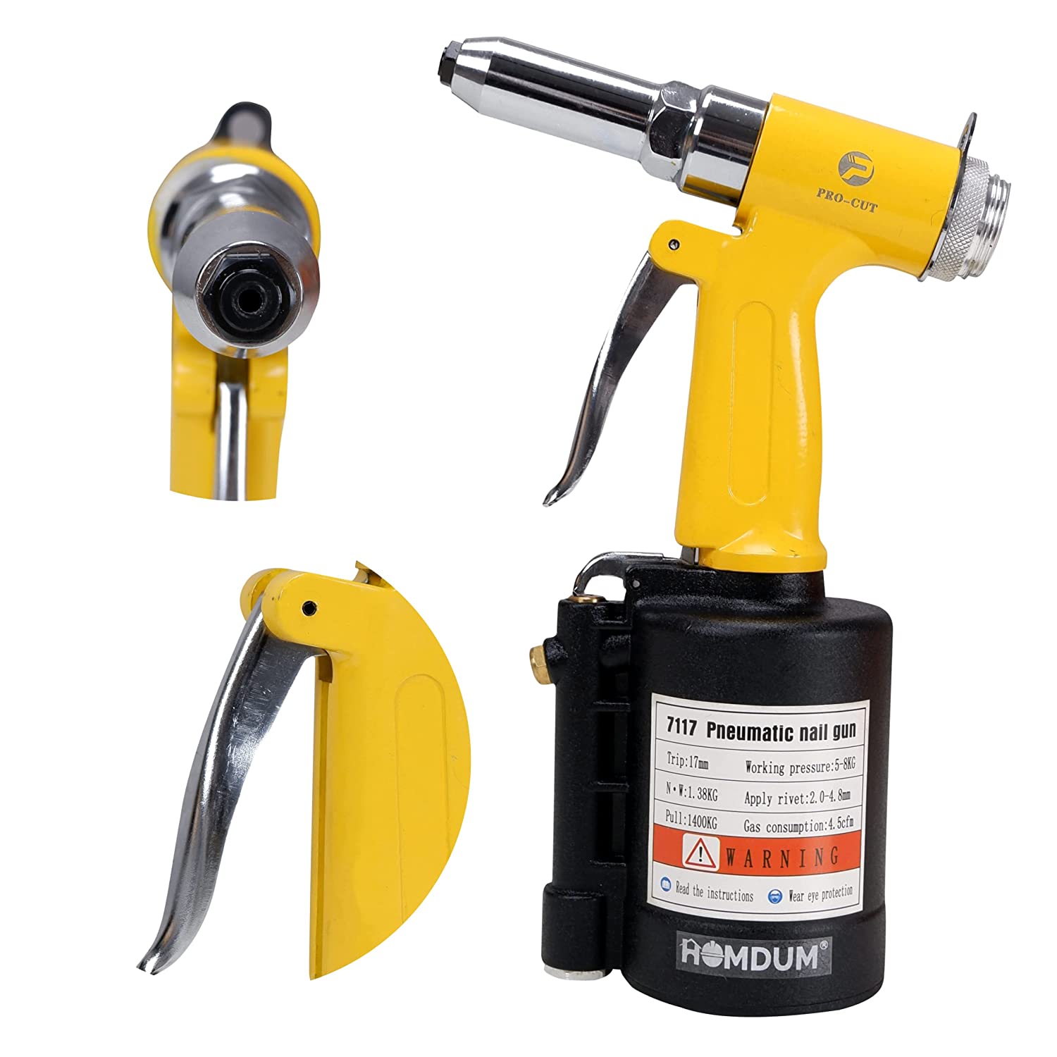 Homdum Pneumatic Pop Rivet Gun heavy duty tool for Steel Aluminium Riveting, Air Powered Hydraulic hand Riveter machine.