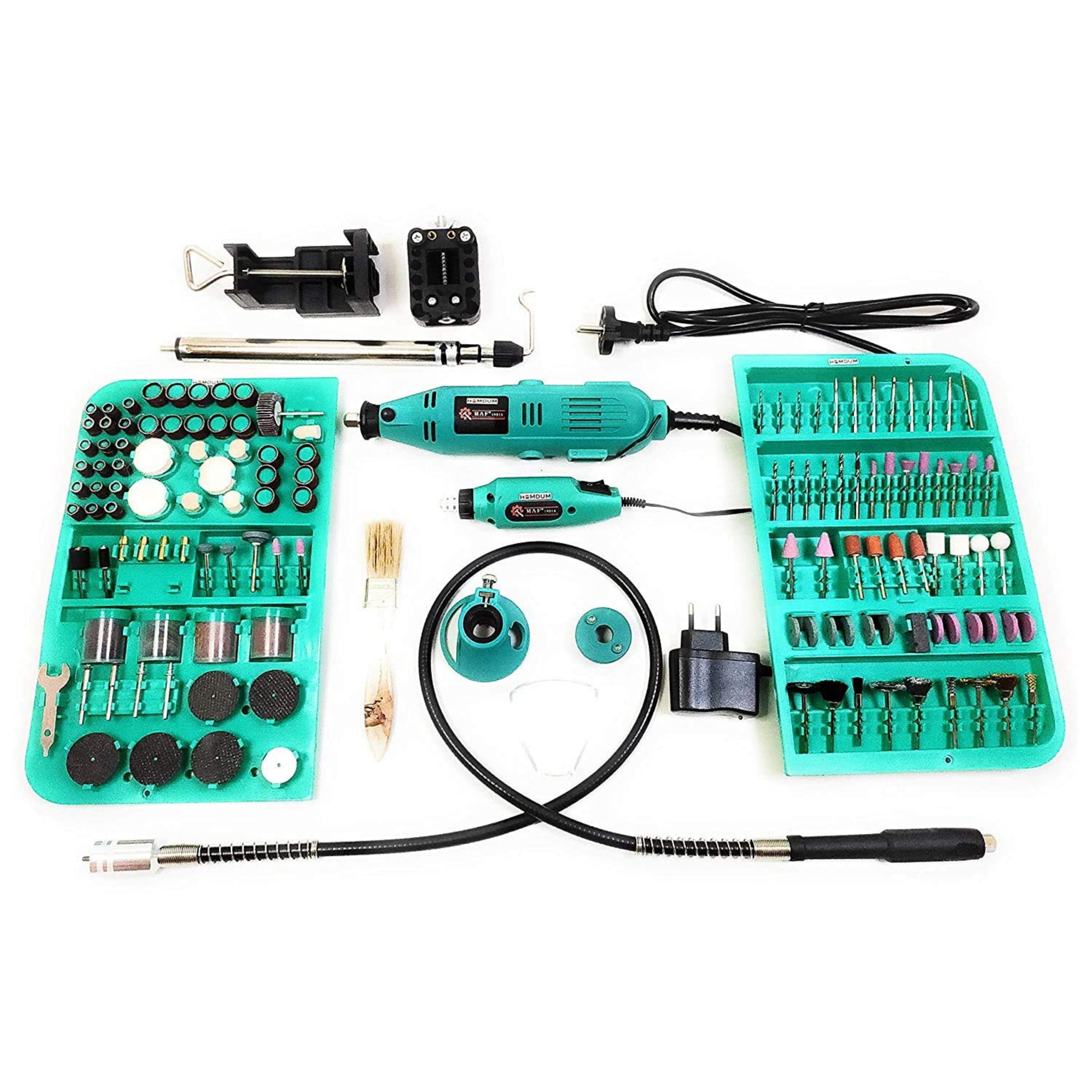 Homdum Multifunctional Mini Rotary Die Grinder Kit with Flexible Shaft and 350 Modes (175pc x 2 grinders) of Accessories Green with + 1 Pair Hand Gloves +1 Safety Goggle