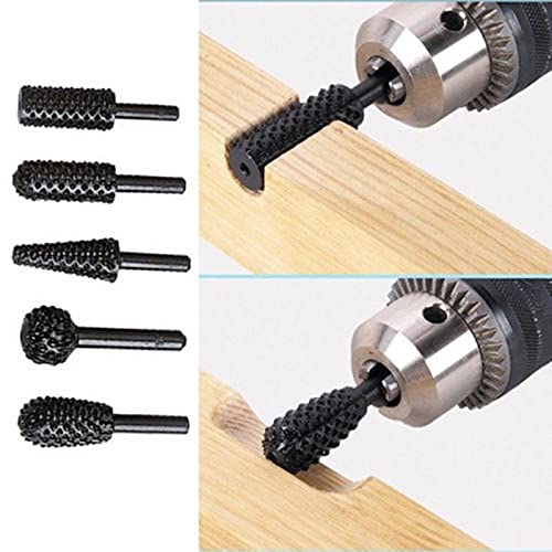 Homdum Rotary Burr Set 5 Piece Set of Heavy Duty and Durable 1/4 Shank Rotary Rasp File Set - Wood Carving - Ball, Oval, Cylinder,Taper,cone.