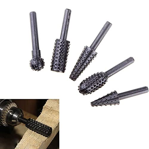 Homdum Rotary Burr Set 5 Piece Set of Heavy Duty and Durable 1/4 Shank Rotary Rasp File Set - Wood Carving - Ball, Oval, Cylinder,Taper,cone.