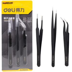 Homdum 3 Pc Satinless Steel Tweezers Set Deli For Computer Laptop Repair Mobile Tools Jewelry Soldering equipment Non Magnetic Anti-Static Straight Curved and Pointed Tips