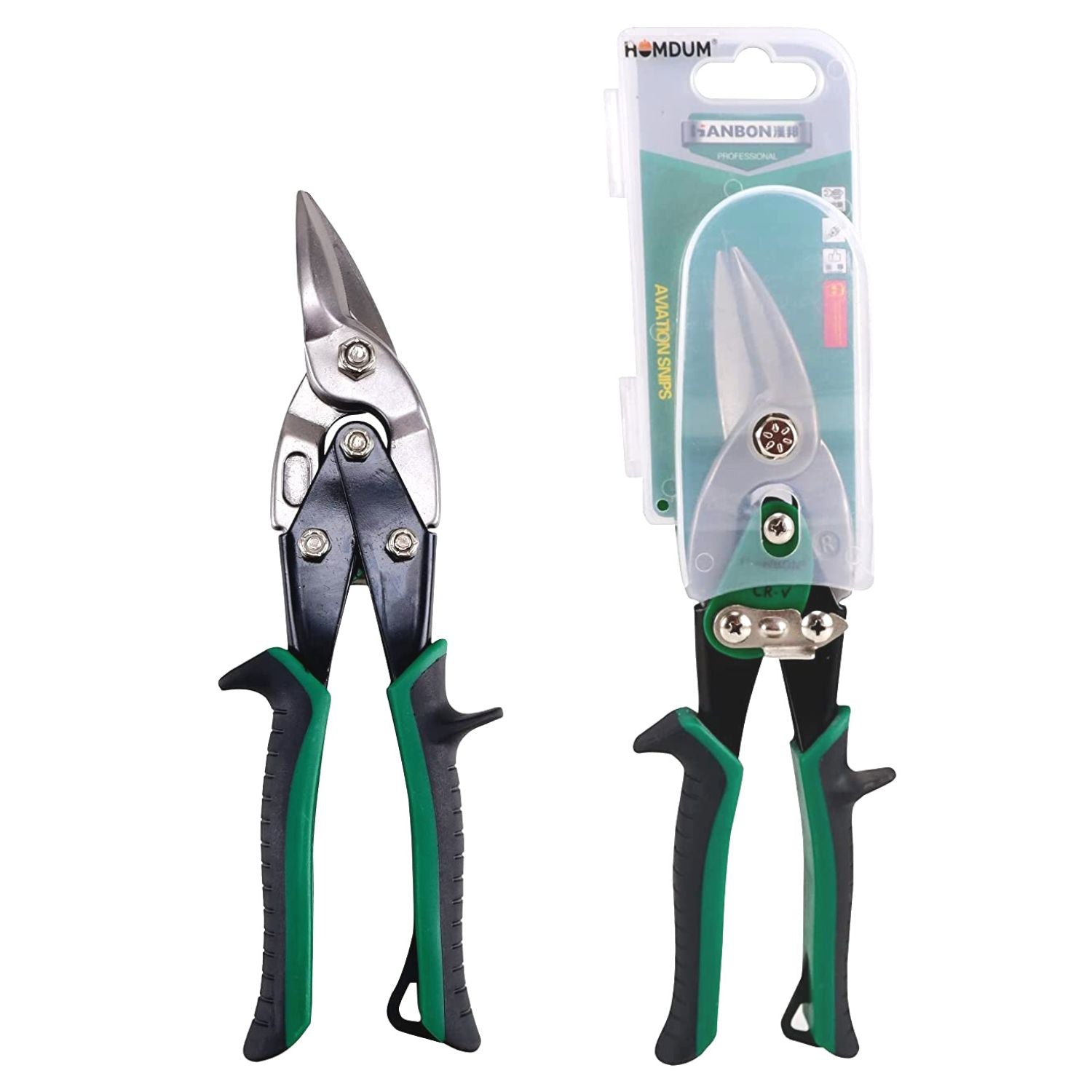 Homdum 10inch Aviation Snip Left Cut Tin Cutter Hanbon Anti-Slip Sawtooth Design Blade Scissor Heavy Duty Metal Sheet Cutting Snippers Hand Steel Shears with Spring 250MM Black+Green