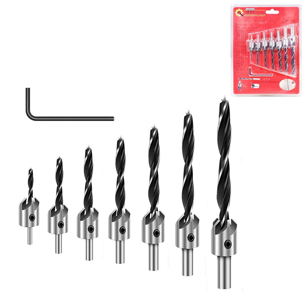Homdum brad point woodworking hss drill bit set with countersink Attachment special wooden chamfer tool for drilling screw with head counter on wood set of 7pcs 3mm to 10mm