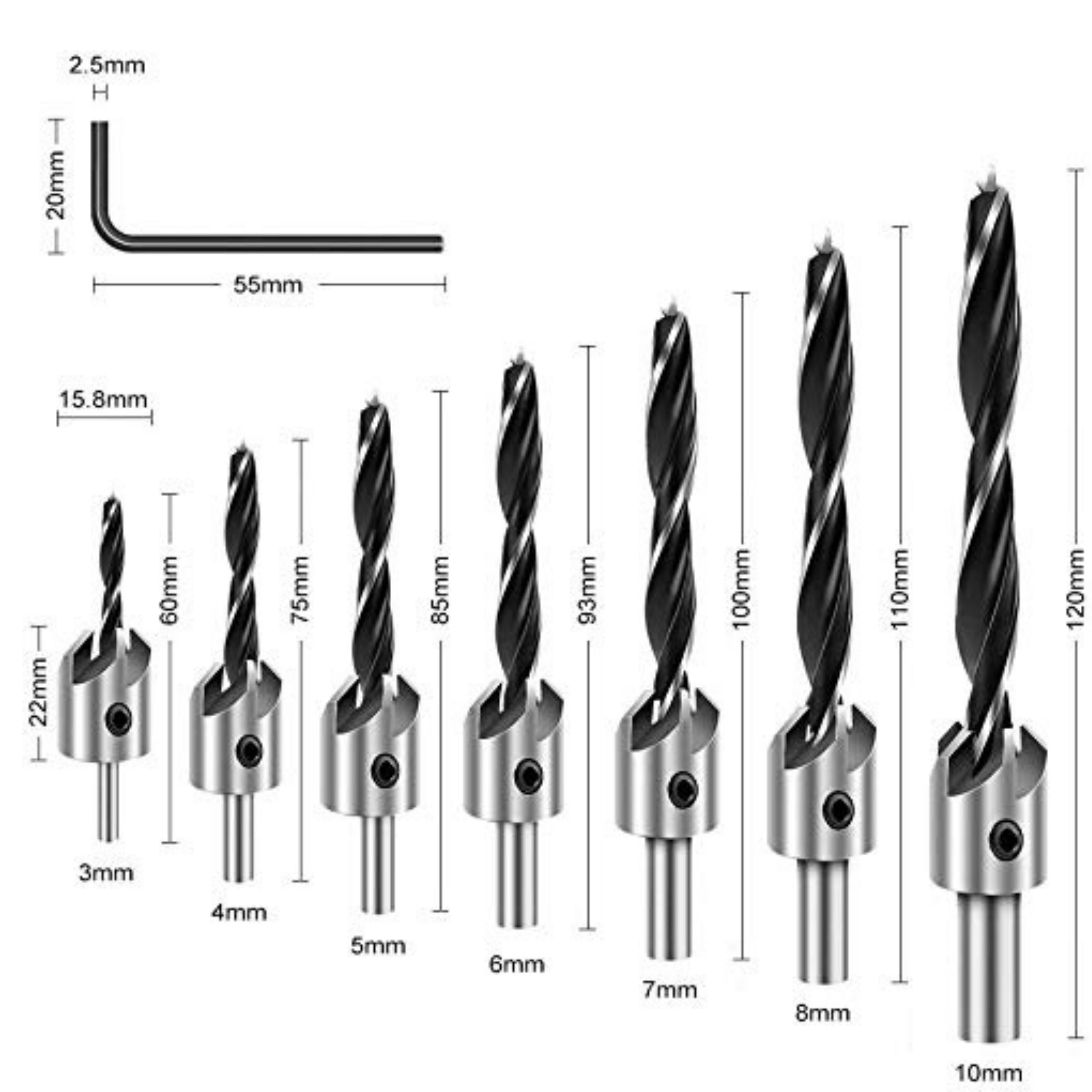 Homdum brad point woodworking hss drill bit set with countersink Attachment special wooden chamfer tool for drilling screw with head counter on wood set of 7pcs 3mm to 10mm