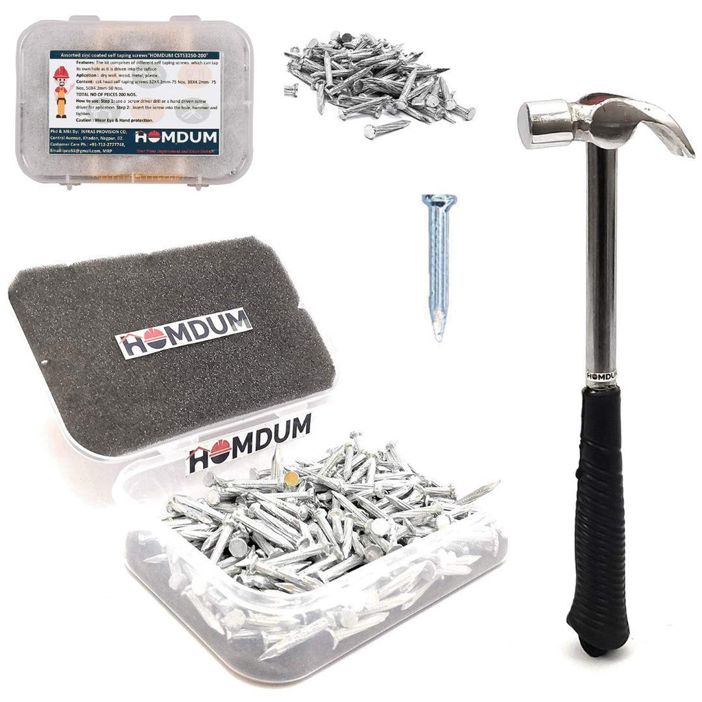 Homdum Claw Hammer 1/2 Lb and Concrete Nails 1 inch (25 mm) Combo, 200g Drop Forged Head Hammer with Soft Grip Tubular Steel Handle 1 nos & Hard Steel Nails 200 Pcs Pack.