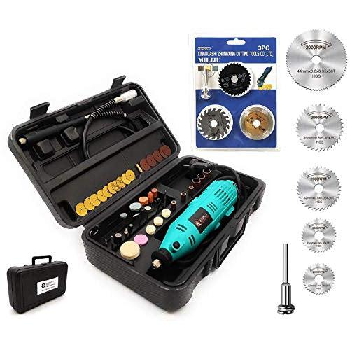 Homdum Multinational 130W Maf Mini Rotary Die Grinder Tool Kit with 40 pcs grinding accessories,1 pc Flexible shaft + 6 Pcs Mini HSS Circular Saw Blade + 3 PCs Mini Multi Circular Saw Blade