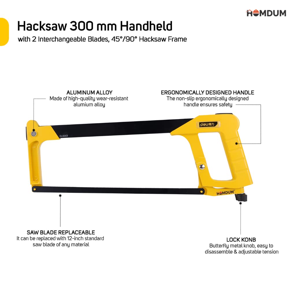 Homdum Hacksaw 300MM,Handheld with 2 Interchangeable Blades,45°/90° Hacksaw Frame for Metal,Wood,Steel,PVC Pipe,Frozen Meat,Hacksaw and Plastic,Professional High-Tension Hacksaw