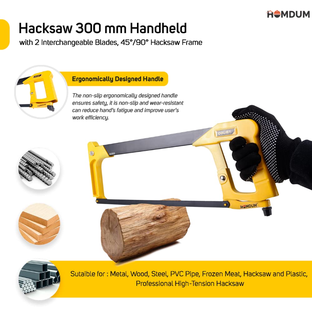 Homdum Hacksaw 300MM,Handheld with 2 Interchangeable Blades,45°/90° Hacksaw Frame for Metal,Wood,Steel,PVC Pipe,Frozen Meat,Hacksaw and Plastic,Professional High-Tension Hacksaw