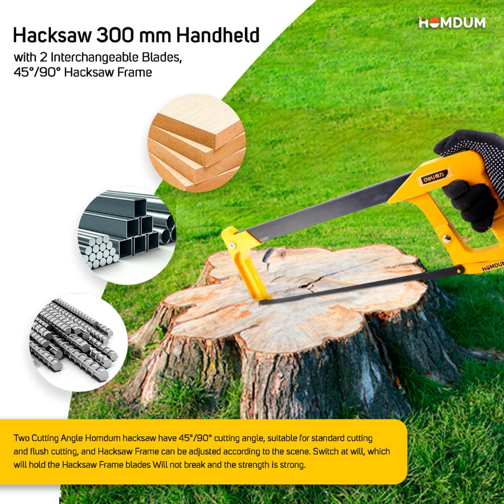 Homdum Hacksaw 300MM,Handheld with 2 Interchangeable Blades,45°/90° Hacksaw Frame for Metal,Wood,Steel,PVC Pipe,Frozen Meat,Hacksaw and Plastic,Professional High-Tension Hacksaw