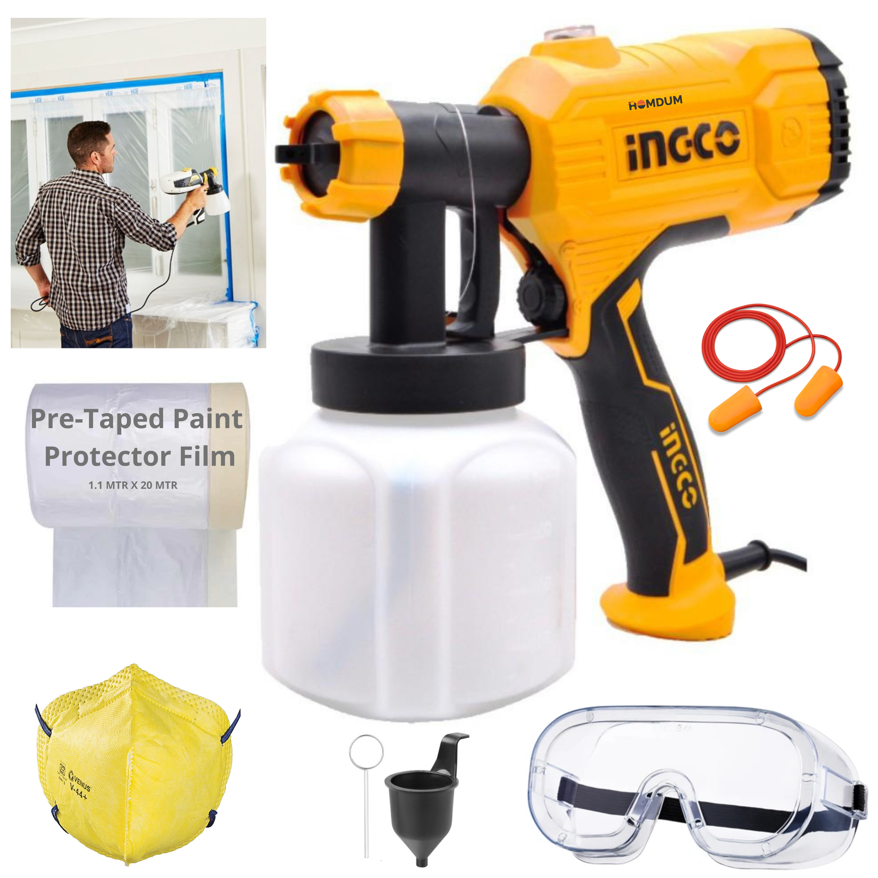 Homdum Electric HVLP Paint spray gun 450W INGCO Portable Spraying Machine Fast Air Painting Tool with Safety kit and Paint protection film