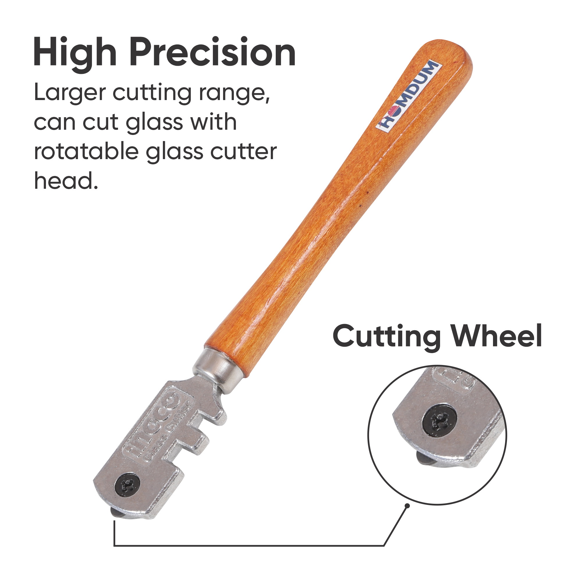 Homdum glass cutter pen INGCO with 6pc Inter-changeable cutting blade wheel efficient Glass Cutting Tool length 130 mm with a wooden handle efficient glass cutting tool