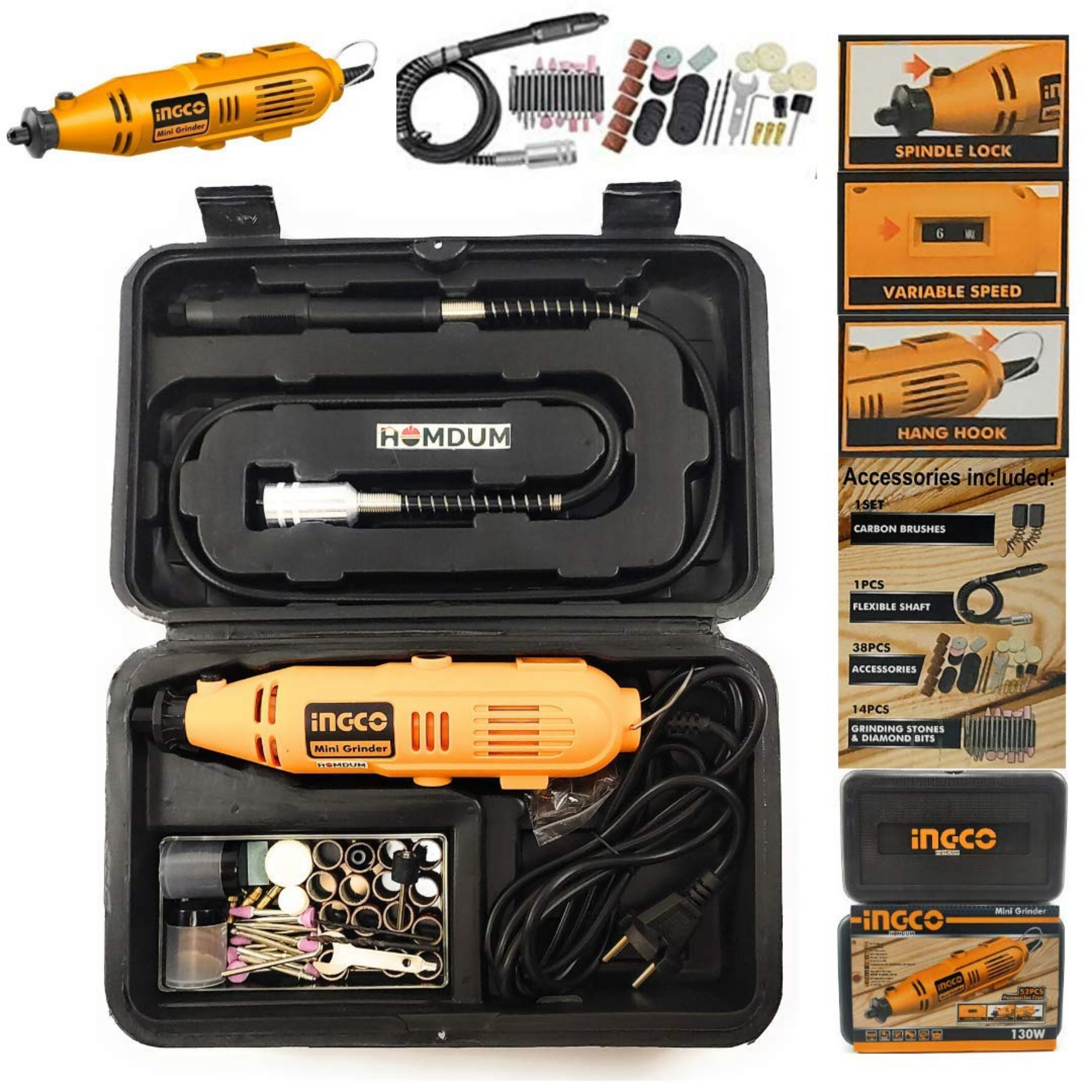 Ingco Multifunctional Mini Rotary Die Grinder Tool Kit with flexible shaft and 38 pcs accessories 14 pc grinding stones and diamond bits with 105pc rotary bits