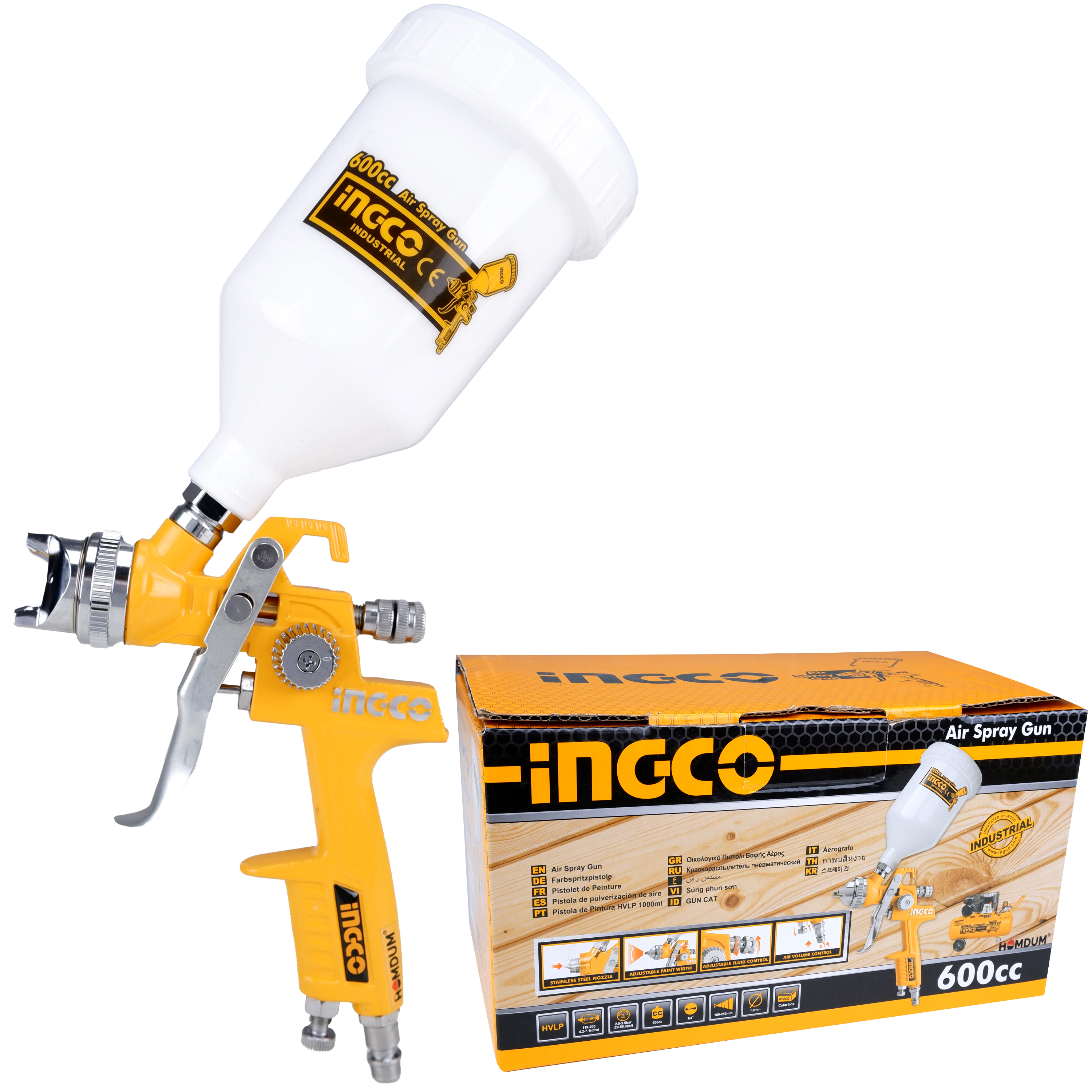 Homdum 600 ml INGCO Paint Spray Gun - Pneumatic (Air Powered) - 1.4mm Stainless Steel Nozzle - Gravity Feed Cup