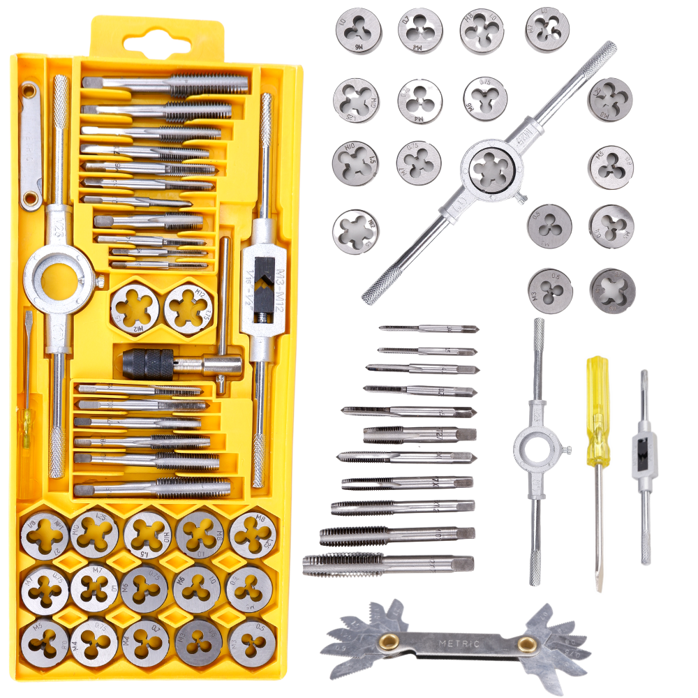 Homdum Deli 39 Pcs Tap and Die Set Metric Size M3 to M12 Tapping & Threading Tools with Adjustable Tap Wrench and Round Die Holder Threads on Bolts and Nuts Yellow