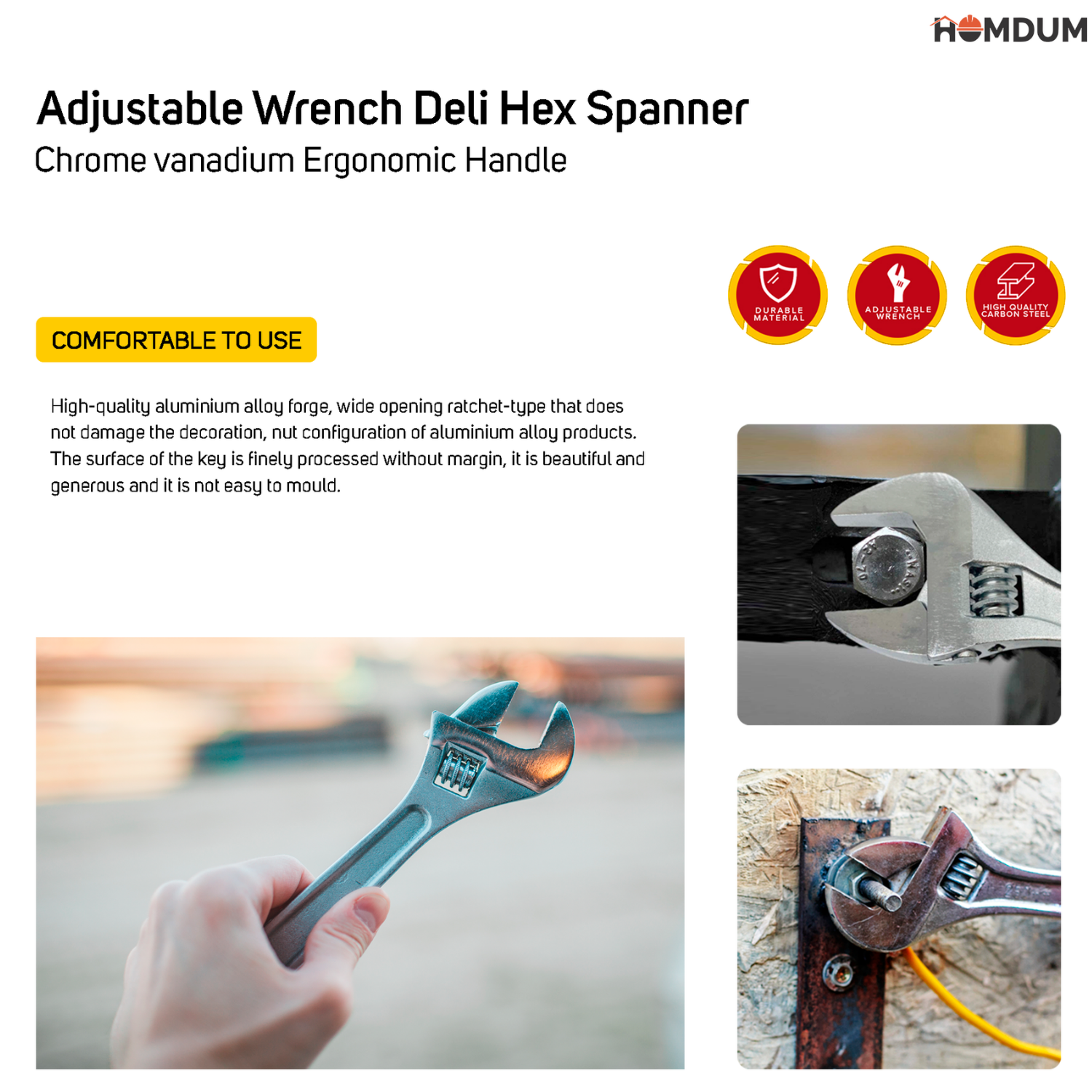 Homdum 10 inch Adjustable Wrench Deli Hex Spanner Chrome vanadium Ergonomic Handle size 200 mm