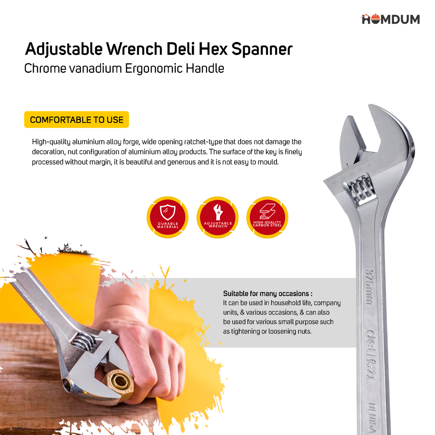 Homdum 10 inch Adjustable Wrench Deli Hex Spanner Chrome vanadium Ergonomic Handle size 200 mm